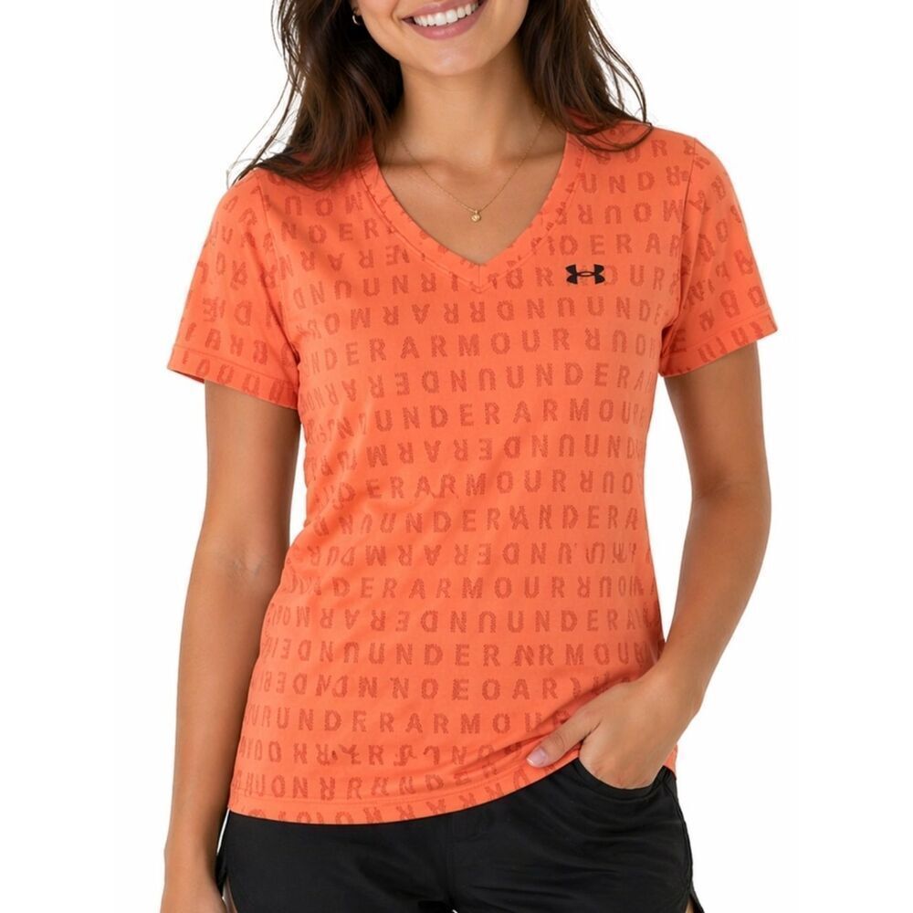 Under Armour Women's Velocity Jacquard Orange V-neck Short Sleeve Pullover Top